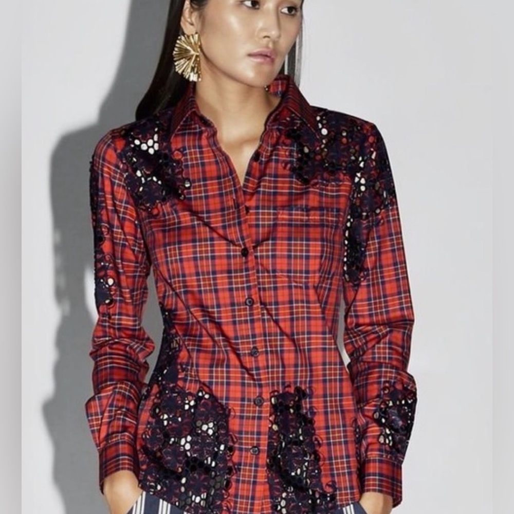 Joe Fresh Plaid and lace cotton button down